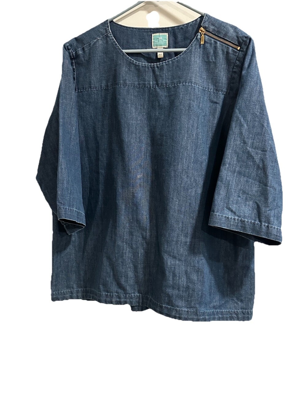 XL Martha Stewart Denim Pullover Top Gold Zipper Detail 3/4 Sleeve
